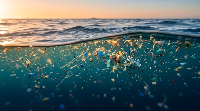 Microplastic pollution floating under the ocean surface during sunset with a split water view showing environmental damage in marine organic ecology background concept