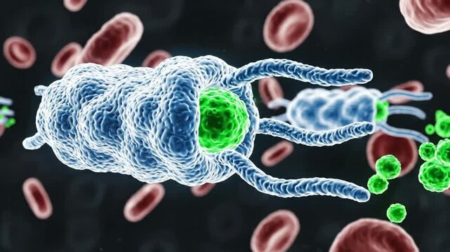 Microscopic phagocytosis: immune cell engulfing pathogen bacteria in bloodstream immune system white cell