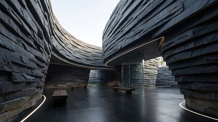 Modern abstract architectural structure with dark layered stone walls and clean lines showcasing contemporary interior design style in luxury minimalist environment.