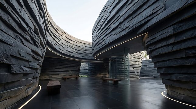 Modern abstract architectural structure with dark layered stone walls and clean lines showcasing contemporary interior design style in luxury minimalist environment.