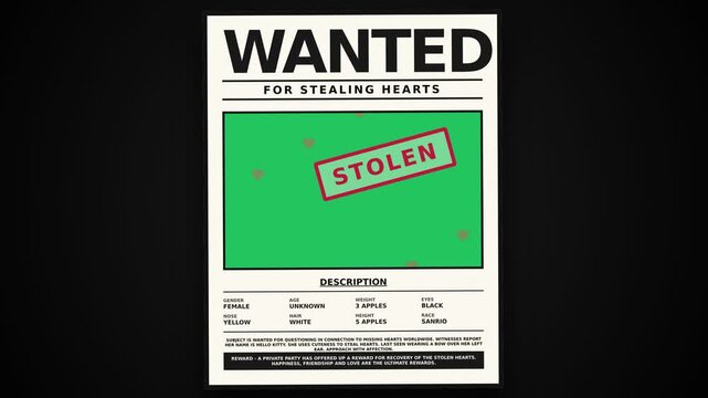 Western style wanted poster with green screen and stolen heart stamp