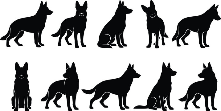 German shepherd dog silhouettes collection in various poses and angles.
