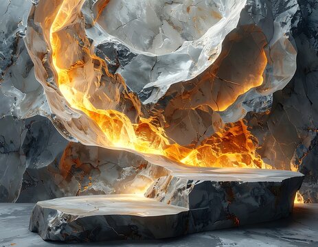 Fire burning on stone platform landscape.