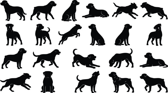 Large collection of rottweiler dog silhouettes in different action poses.