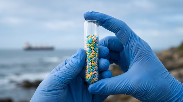 Hands in blue gloves holding test tube with colorful microplastic pellets on beach coast with ship marine pollution organic ecology background concept