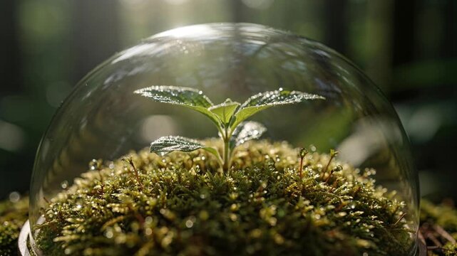 Small green seedling protected inside clear glass dome on mossy forest floor with soft sunlight
