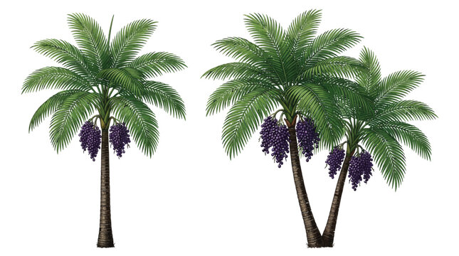 Two detailed illustrations of vibrant acai palm trees featuring realistic green fronds and purple berries