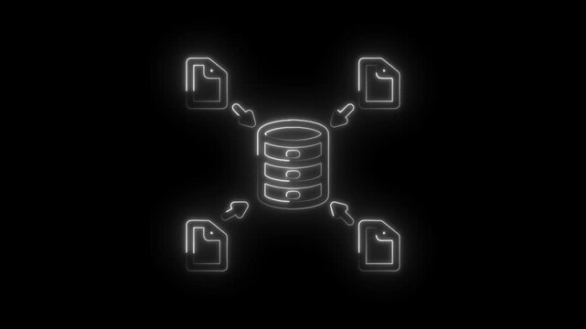 Neon glowing database icon with incoming files and arrows on black background digital data