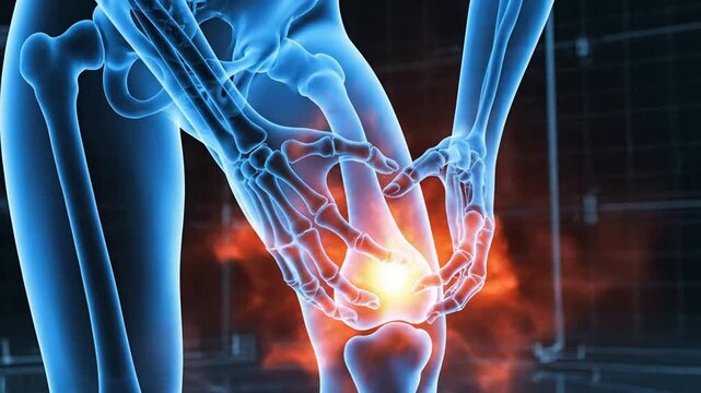 3 d medical animation of knee joint pain and inflammation with glowing red highlight knee pain joint inflammation