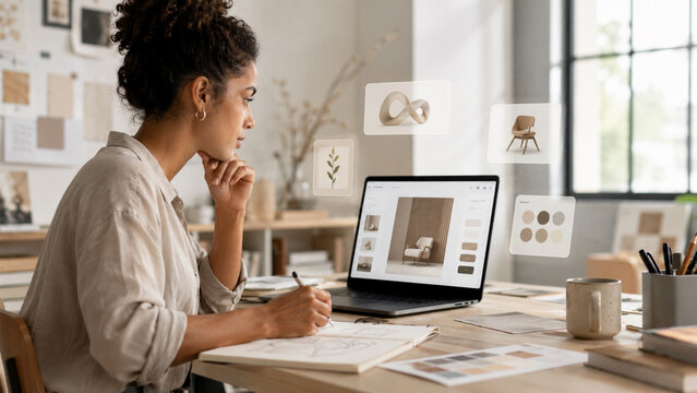 Creative Designer Collaborating With AI Assistant at Work