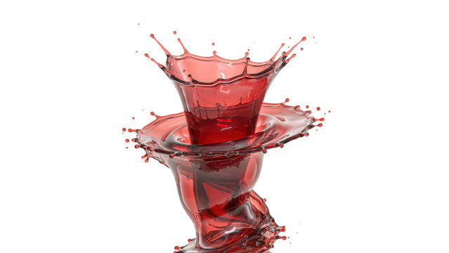 A dynamic splash of translucent red liquid forming a swirling vortex shape isolated on a black background, with scattered droplets, in motion