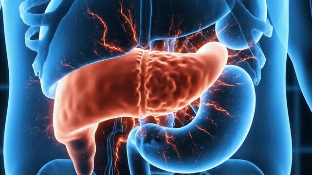 Human liver anatomy medical animation: cirrhosis and hepatic disease visualization biology