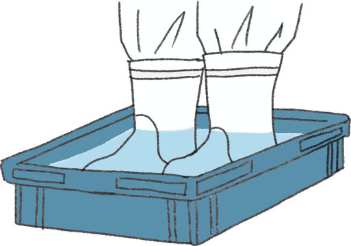 Vector illustration of a farm worker disinfecting boots in a footbath for livestock biosecurity and disease control