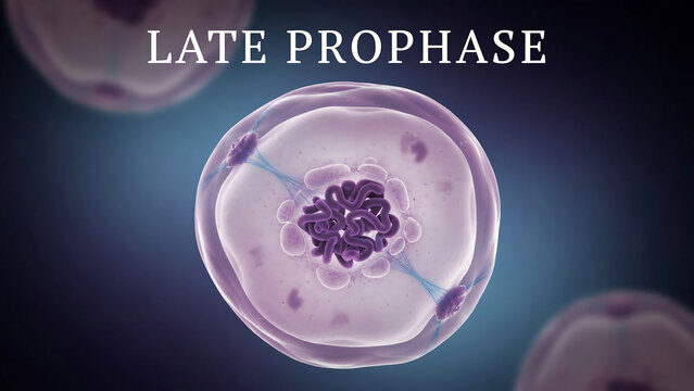 Cell in late prophase stage of mitosis with chromosomes and spindle fibers  cell division process