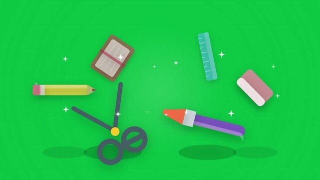 Animated school supplies like scissors ruler pencil eraser and notebook floating on green background, education and stationery theme, school equipment vector animation