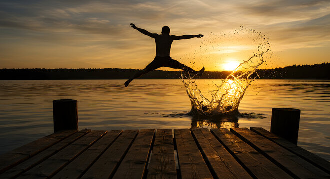 Person Jumping into Water from a Wooden Pier at Sunset with Splashes and Reflection in a Serene Lake Landscape