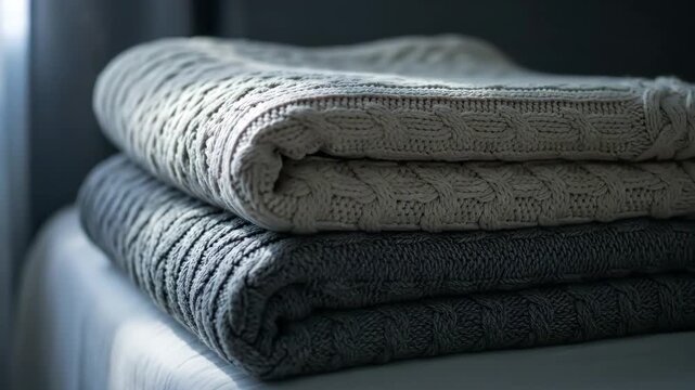 A stack of two folded cable knit blankets resting on a soft white surface