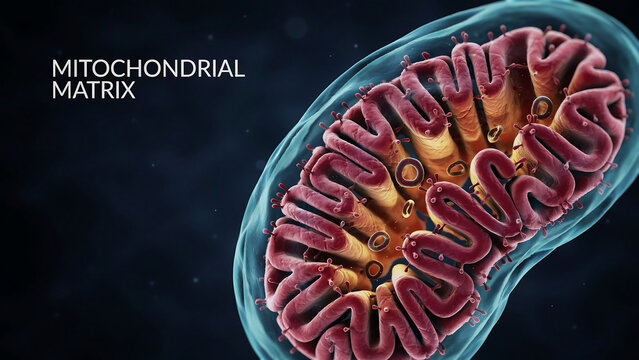 Mitochondrial matrix with cristae and inner membrane in a cell  Mitochondria organelle structure  Cellular respiration and energy production process