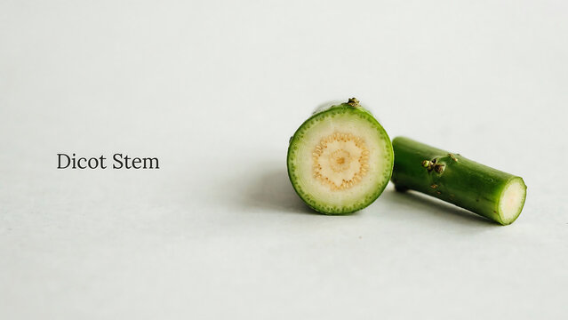 A crosssection and a whole green plant stem with visible vascular bundles and a lightcolored background  dicot stem structure
