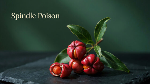 Spindle Poison fruit with green leaves on dark slate surface with green background