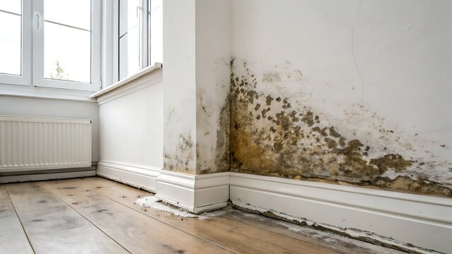 Black mold growth on interior house wall caused by moisture and dampness with moisture building maintenance unhealthy