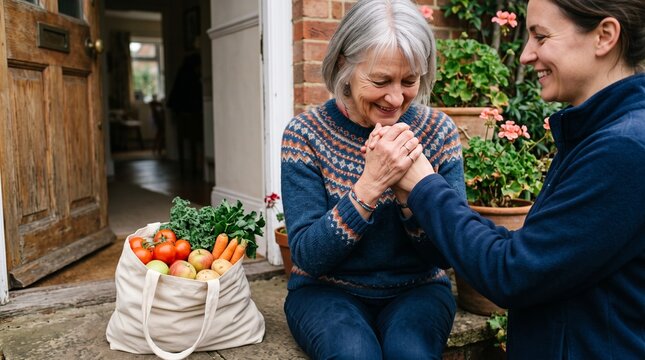 Volunteer Delivering Fresh Groceries to Senior Woman at Home, Thanksgiving Food Donation, Community Kindness, Gratitude and Elderly Support