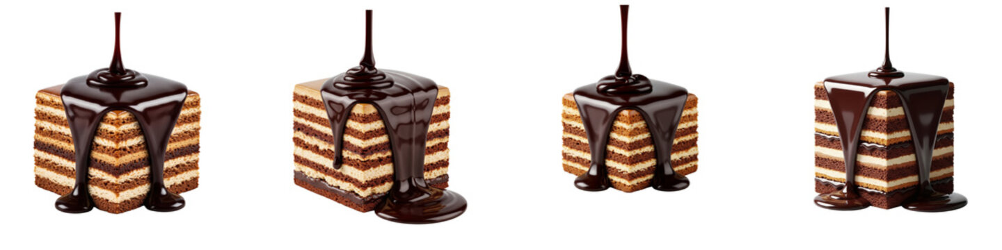 Chocolate sauce pouring over layered opera cake squares on black background
