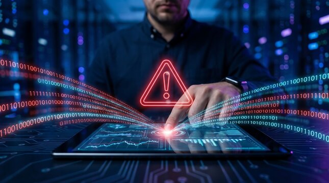 Person using digital tablet with glowing red warning triangle icon and binary code stream representing urgent system failure and cybersecurity threat detection in dark high tech environment