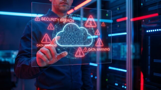 Business professional interacting with holographic security breach and data warning interface in server room with glowing icons to demonstrate advanced cyber defense and network monitoring