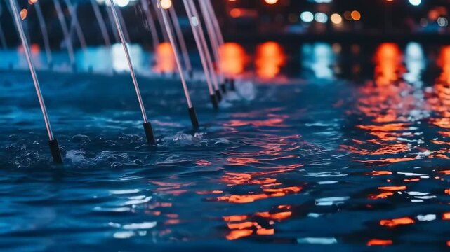 A night view of illuminated water fountain jets spraying into a dark pool
