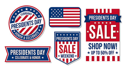 Presidents day sale graphic labels and banners collection with presidents promotion discount american marketing shopping celebration patriotic national commerce