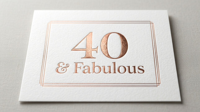 Rose gold 40 and Fabulous birthday card, elegant copper foil typography on white textured paper, luxury forty years anniversary greeting card