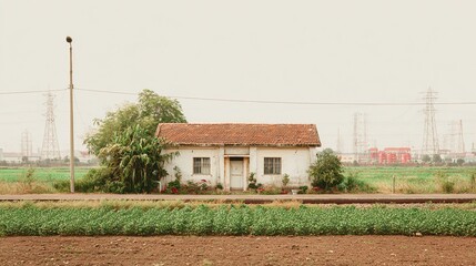 Obraz premium Foreground cultivation rows leading to white building and far industrial structures under cloudy sky