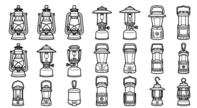 Collection of vintage and modern camping lanterns in black and white line art style for outdoor adventure branding or hiking gear design elements and equipment illustration set graphics