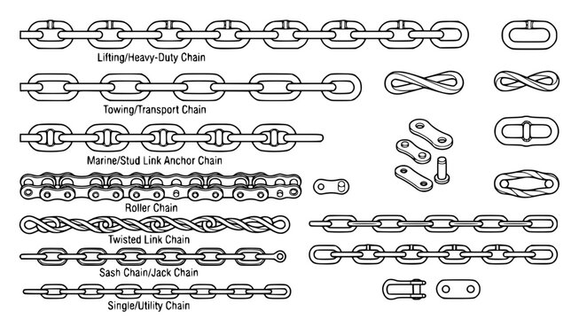 Professional set of industrial chains including heavy duty lifting and roller chains in black and white line art style for engineering diagrams or technical construction equipment guides