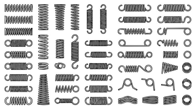 Comprehensive set of various industrial metal springs and mechanical tension coils in detailed ink sketch style isolated on white background for engineering and manufacturing projects