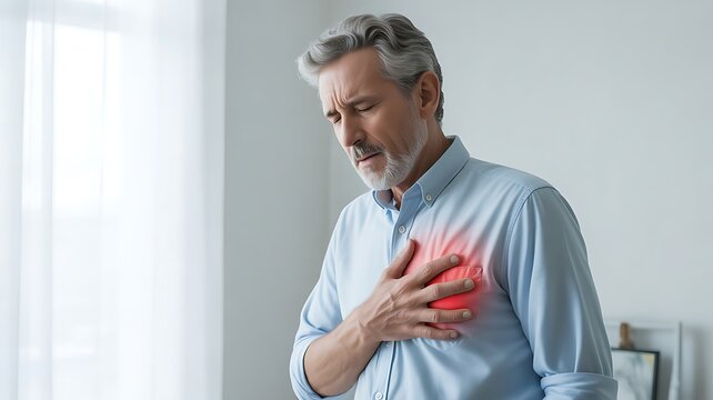 Senior man suffering from chest pain and heart attack symptoms at home