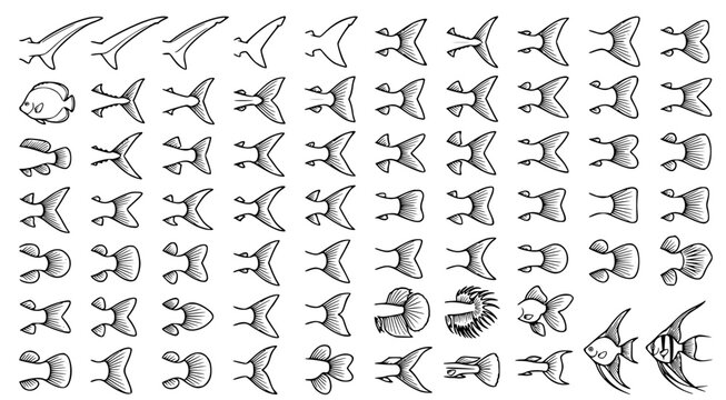 Set of diverse fish tail and fin shapes isolated on white background featuring hand drawn marine biology icons for ocean themed graphic design and aquatic illustration projects and assets