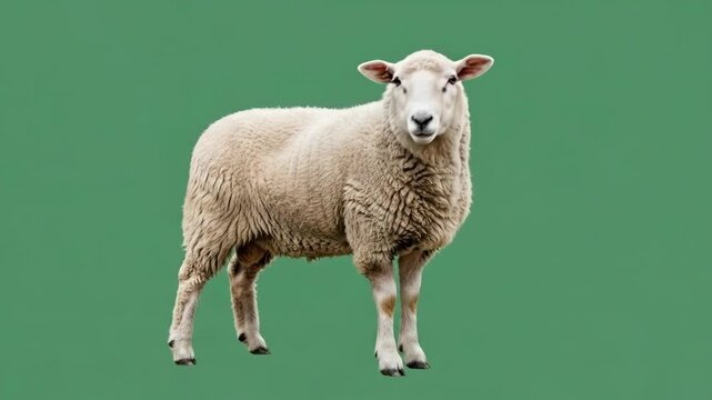 A solitary fluffy white sheep standing against a solid muted green background