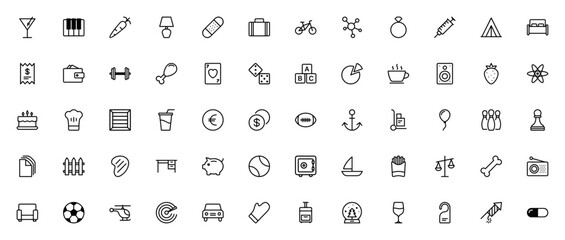 Deliverables_1763 icon set. Minimalist line icons pack. Featuring martini, piano, carrot, lamp, band aid, suitcase, bike, molecule, ring, syringe, tent, bed, wallet, dumbbell, and more. © wang