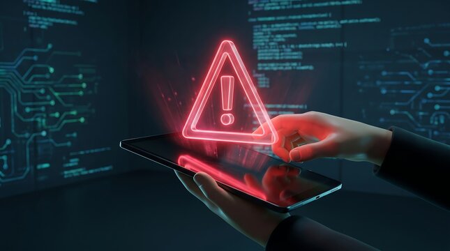 Person using tablet with large glowing red cyber security warning icon and digital circuit interface in dark room