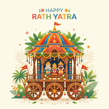 Happy Rath Yatra Festival Chariot with Deities, India Hindu Celebration