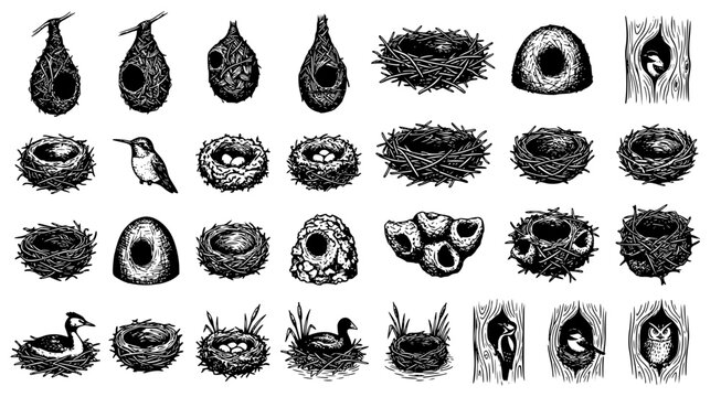 Collection of various bird nests and nesting sites featuring different materials and locations depicted in a detailed hand drawn black and white ink illustration style set isolated
