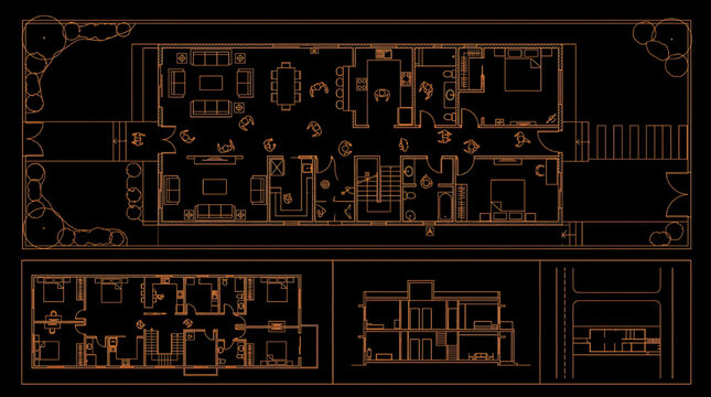 Shoppers Top View People CAD Blocks with House Floor Plans and Front Home Architecture Blueprint Vector Set Technical Drawing