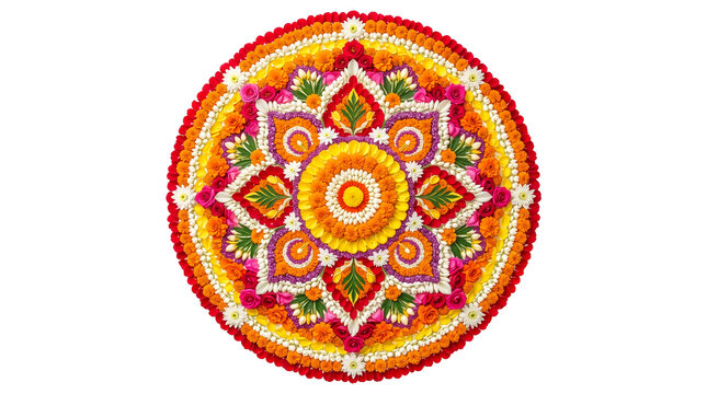 Traditional flower rangoli mandala pookalam decoration made of marigolds, roses, and jasmine petals isolated on a transparent background