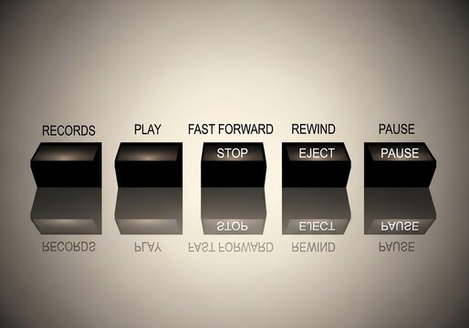 Retro audio controls: Record, Play, Fast Forward, Rewind, Pause, Stop, Eject buttons with reflection.