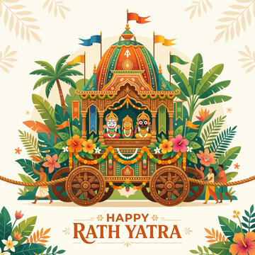 Happy Rath Yatra Festival Celebration, Decorated Chariot with Deities, People Pulling Rope, Tropical Plants