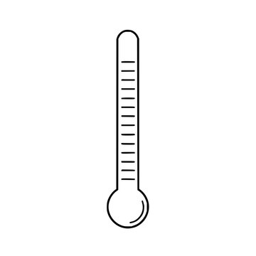 Minimalist black and white vector illustration of a thermometer with Celsius scale markings, featuring a rounded bulb at the bottom and a vertical column with horizontal lines indicating temperatur...