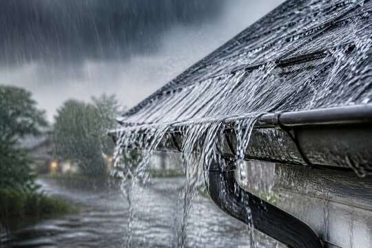 Rain taps roof's edge, spilling water down gutters. Dark clouds loom overhead, setting dreary mood. Flooded landscape glows faintly from distant lights. Water drips steadily
