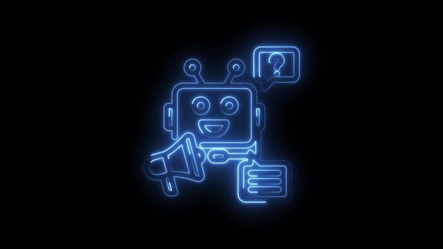 Neon blue friendly robot character with megaphone question mark speech bubble and chat icon